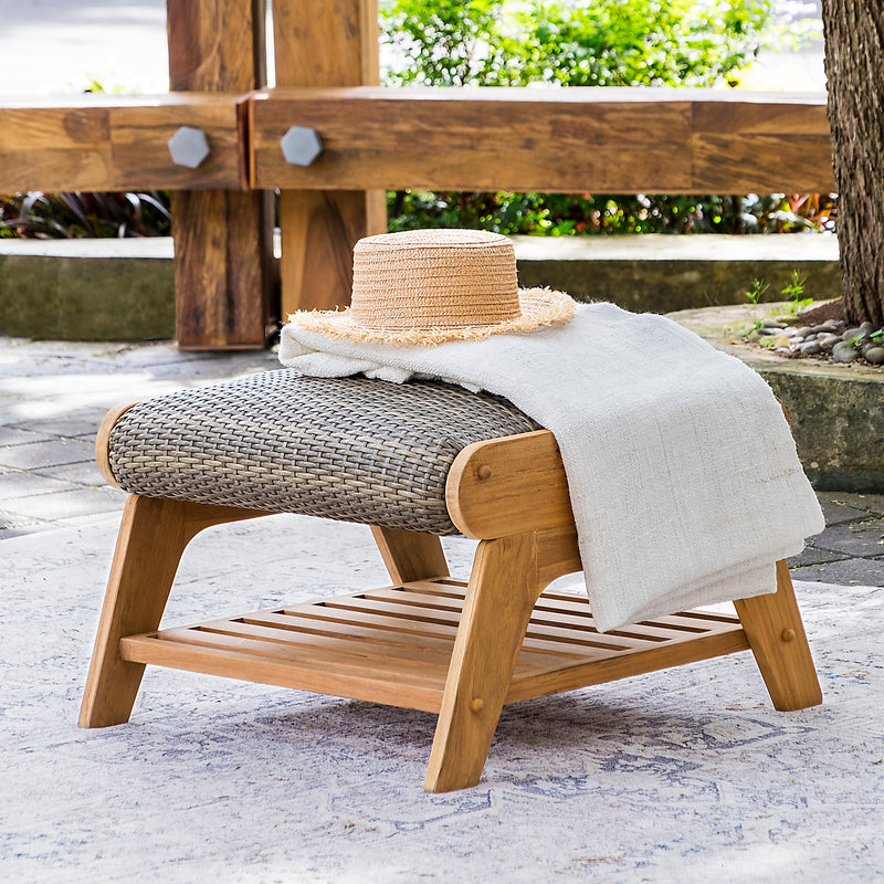 Camden Teak Wood Outdoor Ottoman with Padded Woven Seat – FREE Furniture Cover - Cambridge Casual