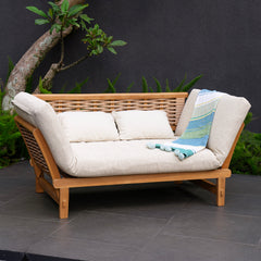 Chester Teak Wicker Outdoor Convertible Sofa Daybed with Tan Cushion