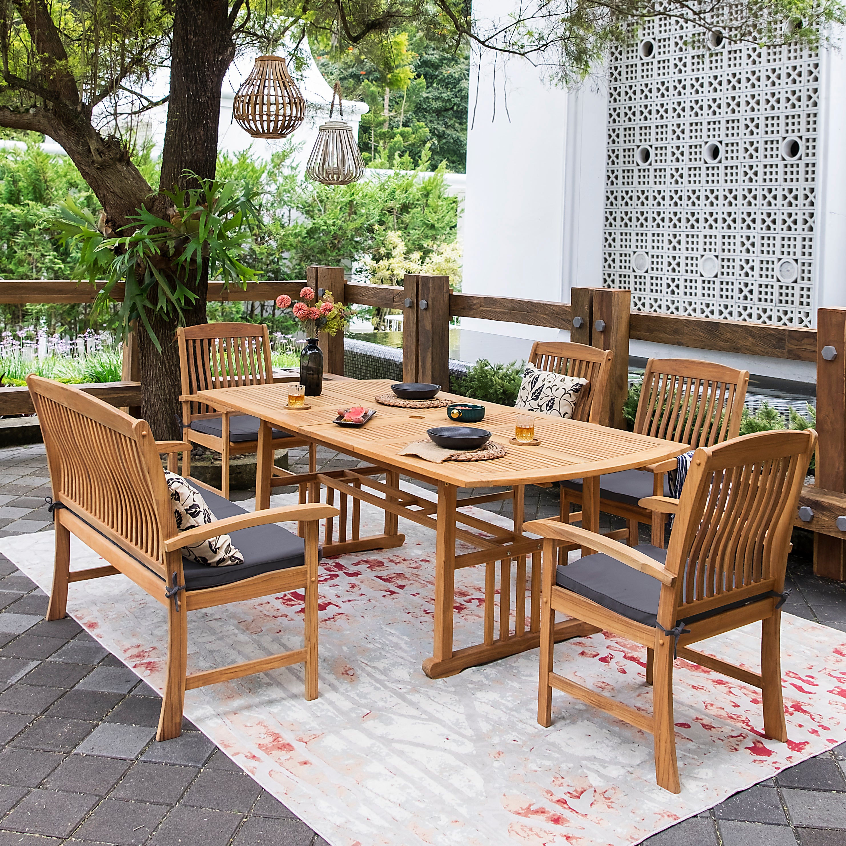 Caterina Teak Wood 6 Pieces Outdoor Dining Set with Gray Seatpad