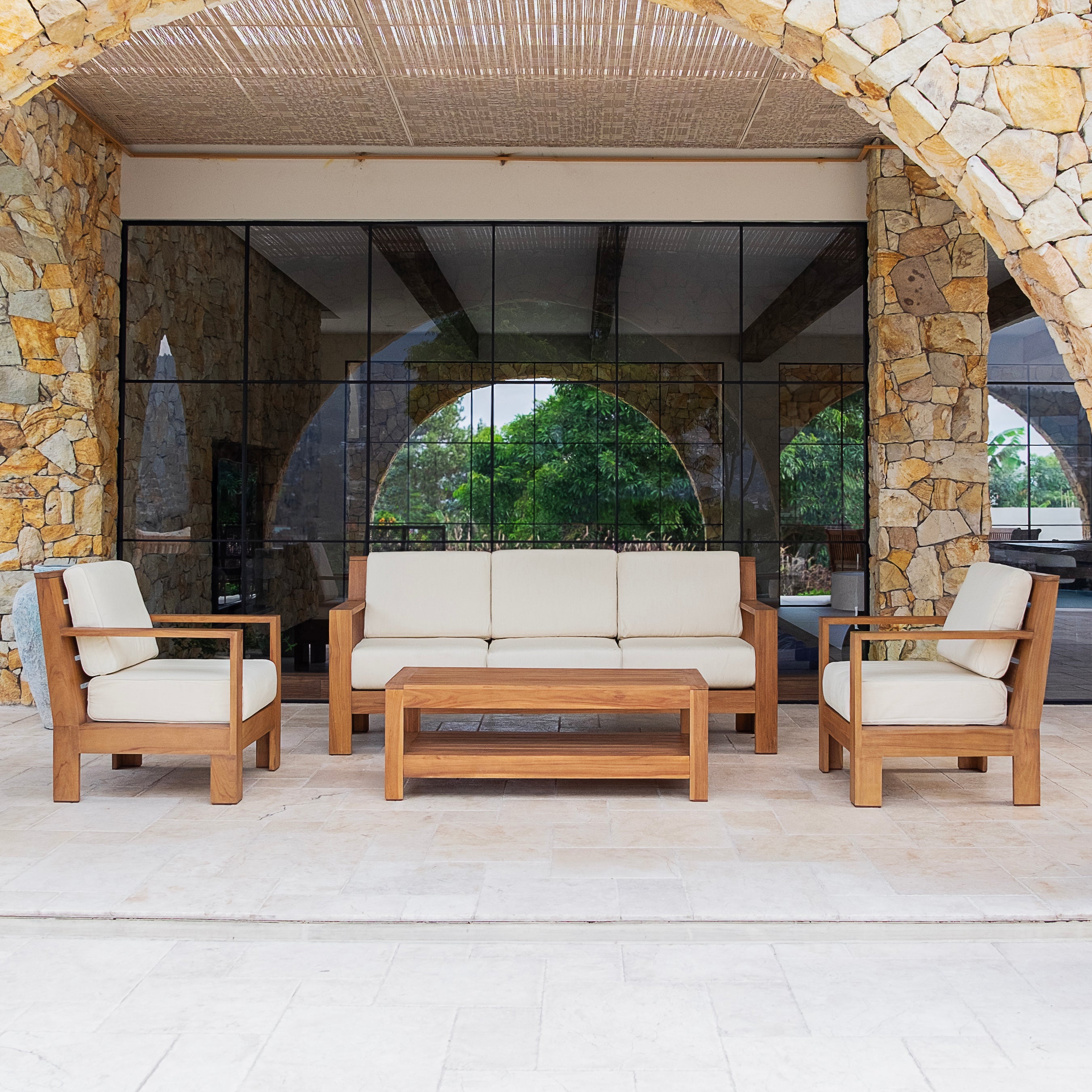 Logan Teak Wood 4 Pieces Patio Conversation Set with Sunbrella Vellum Cushion