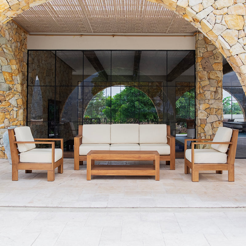 Logan Teak Wood 4 Piece Patio Conversation Set with Sunbrella Vellum Cushion