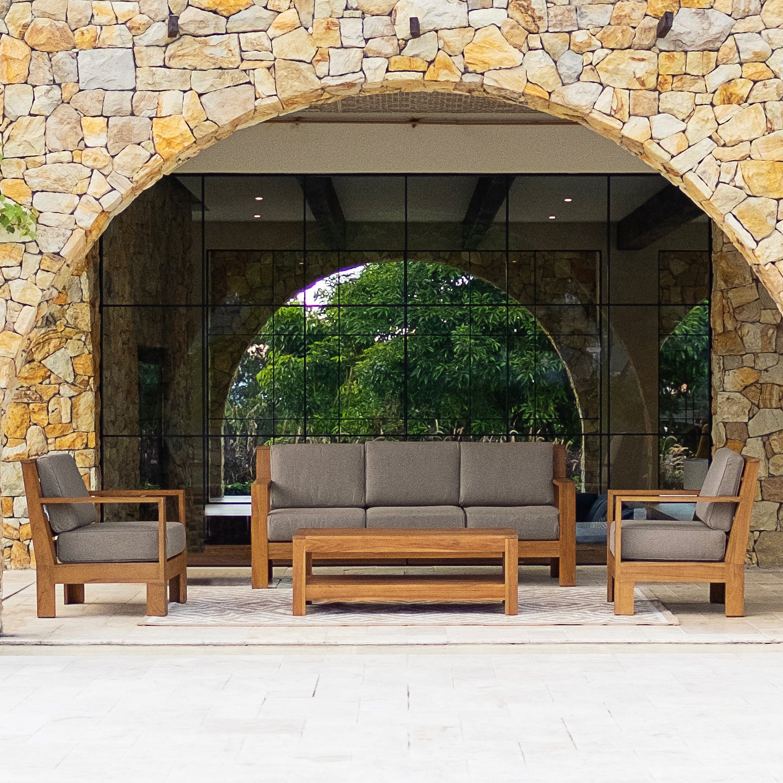 Logan Teak Wood 4 Pieces Patio Conversation Set with Sunbrella Cast Shale Cushion