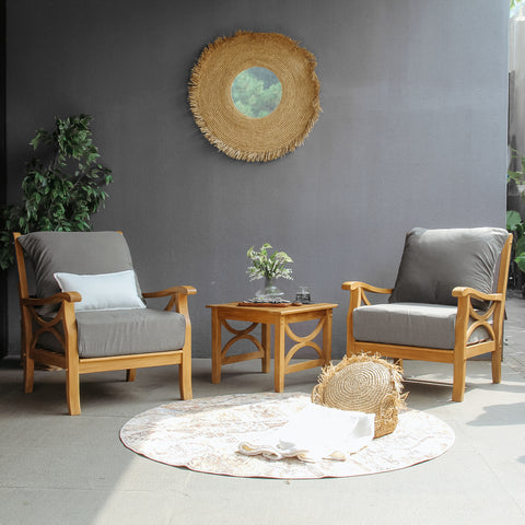 Abbington Teak Wood 3 Piece Patio Conversation Set with Gray Cushion