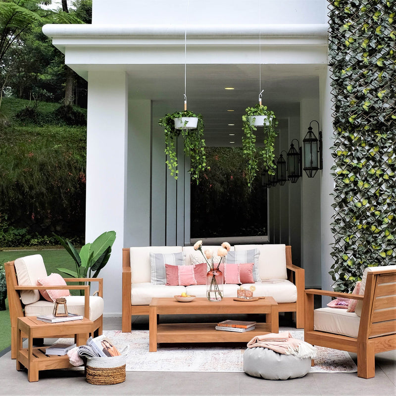 Logan Teak Wood 5 Pieces Patio Conversation Set with Sunbrella Vellum Cushion - Cambridge Casual
