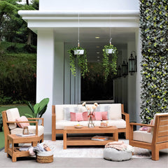 Logan Teak Wood 5 Piece Patio Conversation Set with Sunbrella Vellum Cushion
