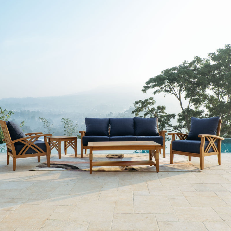Carmel 5 Piece Teak Wood Patio Conversation Set with Navy Cushions