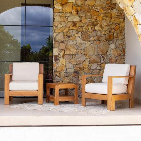 Logan Teak Wood 3 Pieces Patio Conversation Set with Sunbrella Vellum Cushion