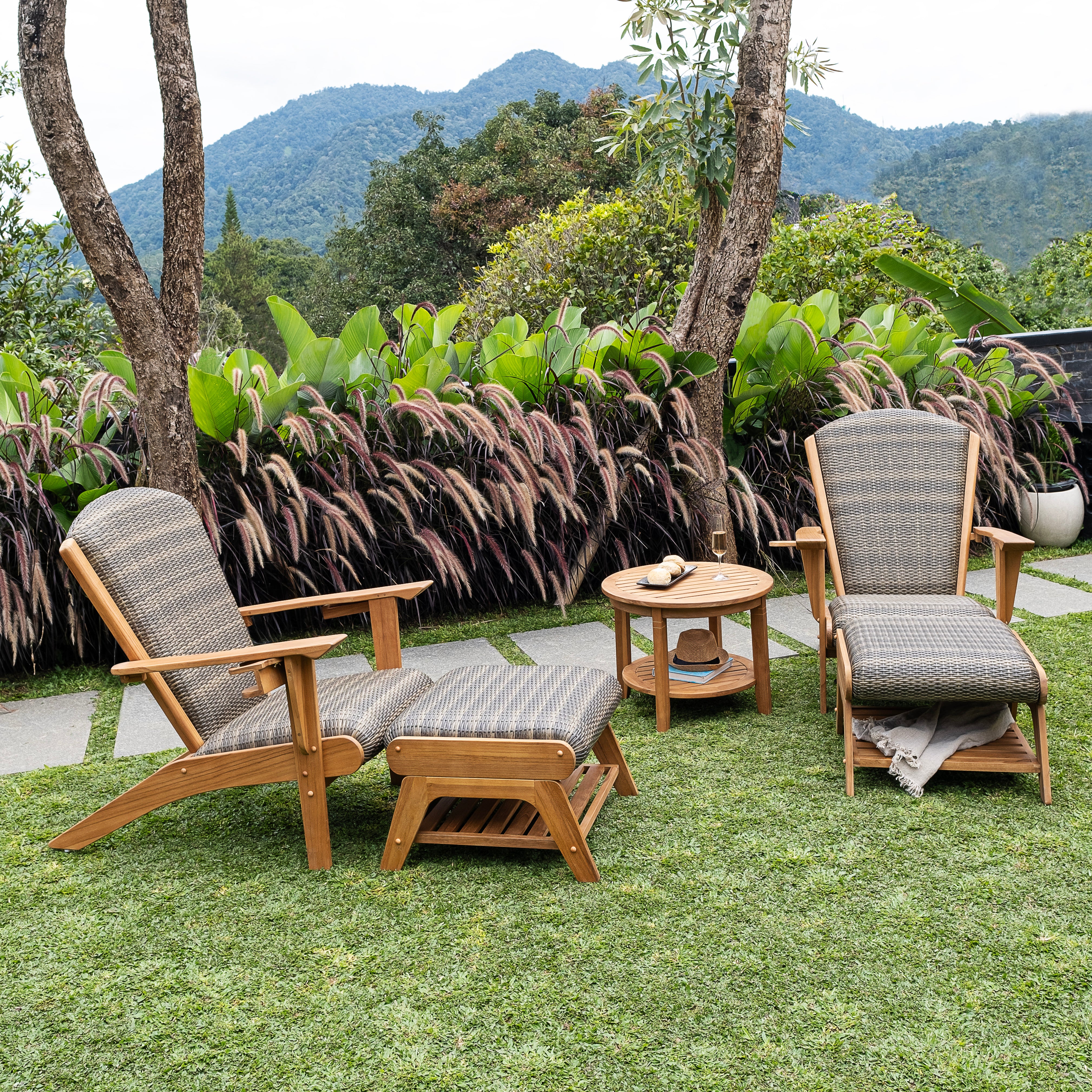 Camden Teak Wood 5 Piece Patio Conversation Set Padded Woven Seat with Furniture Cover