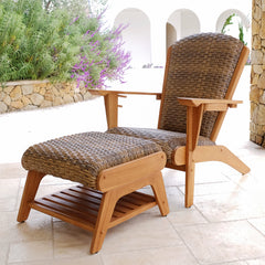 Camden Teak Patio Adirondack Chair with Ottoman and Padded Woven Seat – FREE Furniture Cover