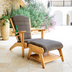 Camden Teak Wood Outdoor Adirondack Chair with Ottoman and Padded Woven Seat – FREE Furniture Cover