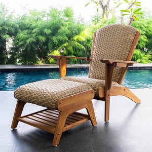 Camden Teak Outdoor Adirondack Chair with Padded Woven Seat and Ottoman – FREE Furniture Cover