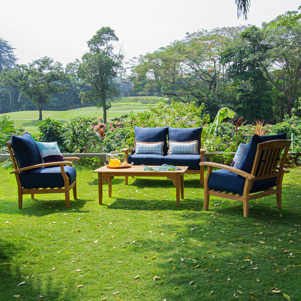 Caterina Teak Wood 4 Piece Patio Conversation Set with Navy Cushion