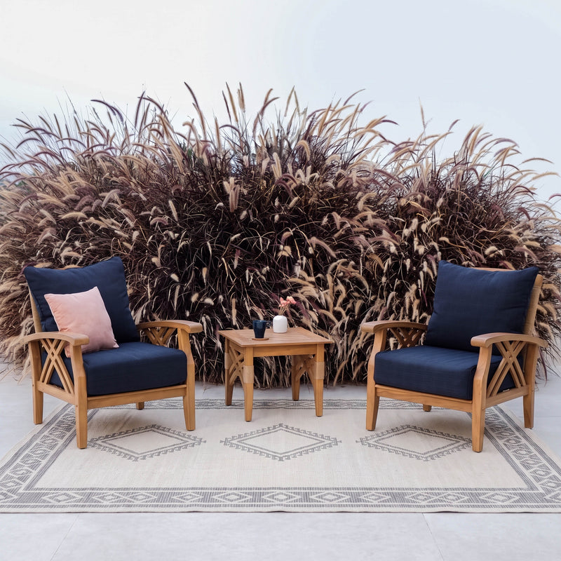 Carmel 3 Piece Teak Wood Patio Conversation Set with Navy Cushions