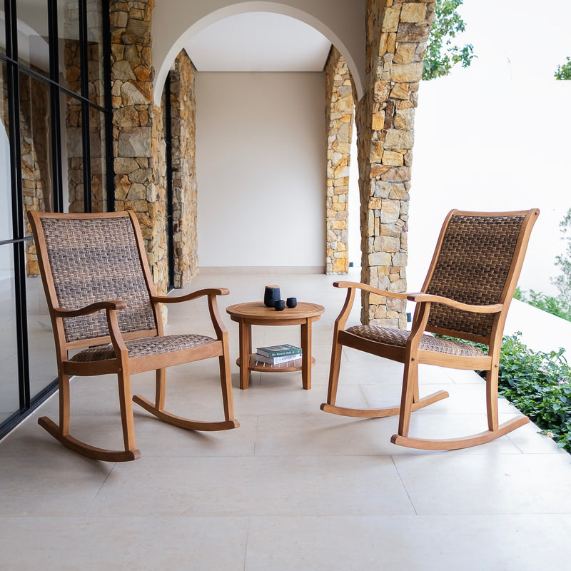 Dunham Teak Wood 3 Piece Outdoor Rocking Chair with Padded Woven Seat - Cambridge Casual