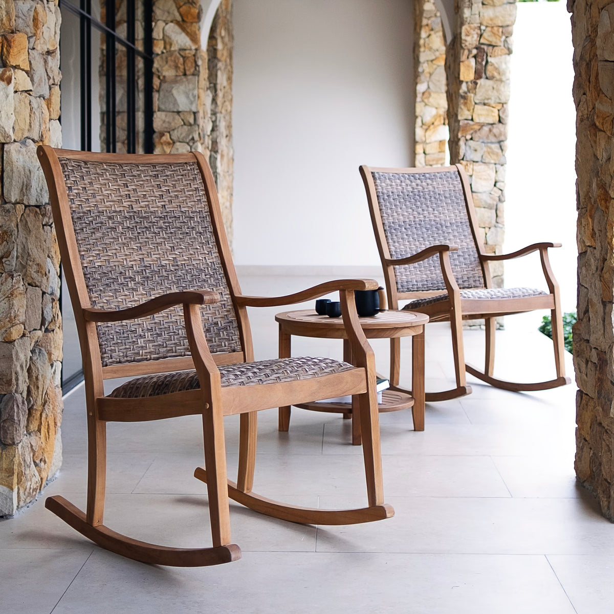 Dunham Teak Wood Outdoor Rocking Chair with Padded Woven Seat ...