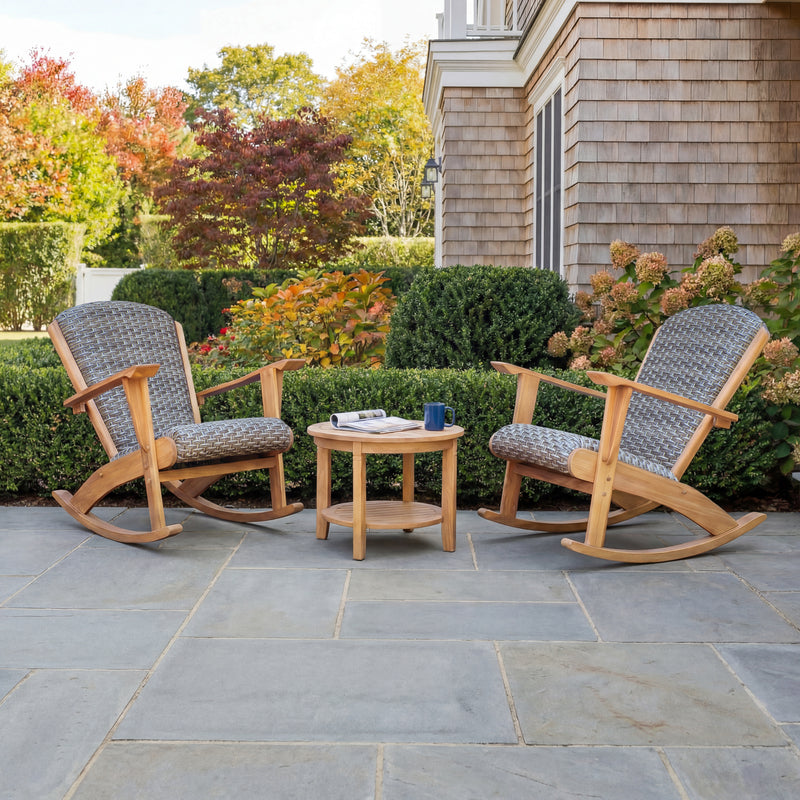 Camden Teak Wood 3 Piece Patio Rocker Conversation Set with Gray Padded Wide Woven Seat