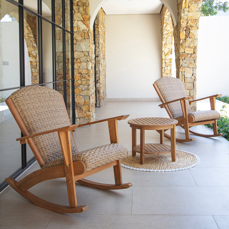 Camden Teak Wood 3 Piece Patio Rocker Conversation Set with Padded Woven Seat