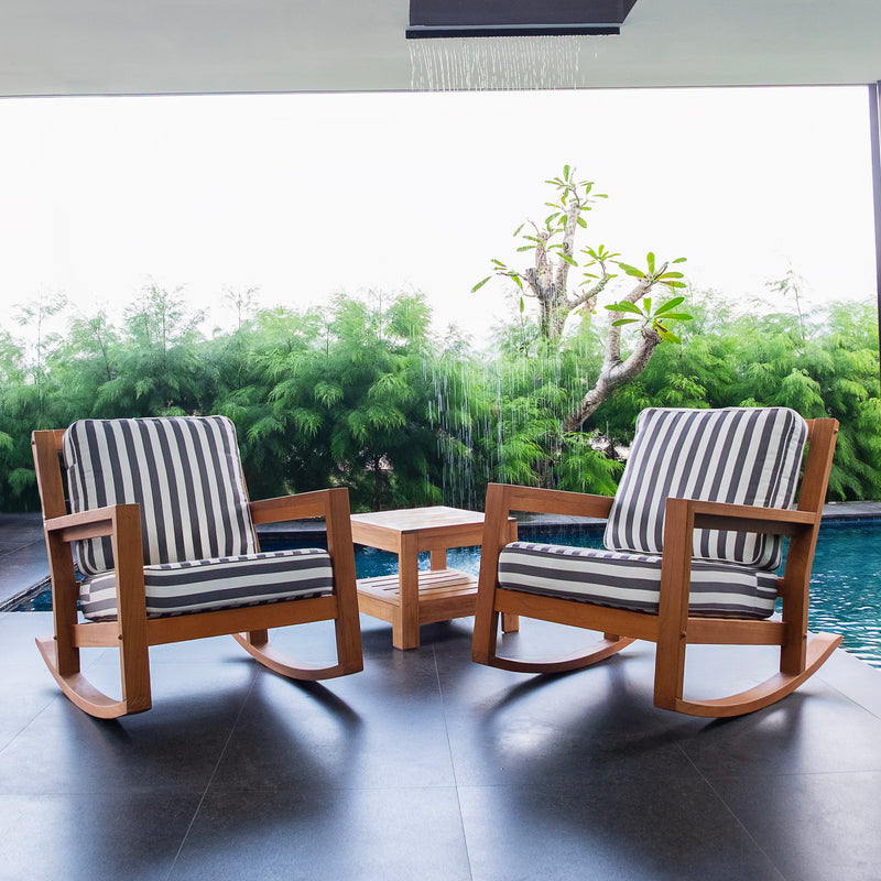 Hampton Teak Wood 3 Piece Patio Rocking Chair with Stripe White Gray Cushion - Cambridge Casual