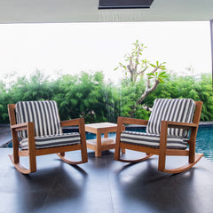 Hampton Teak Wood 3 Piece Patio Rocking Chair with Stripe White Gray Cushion