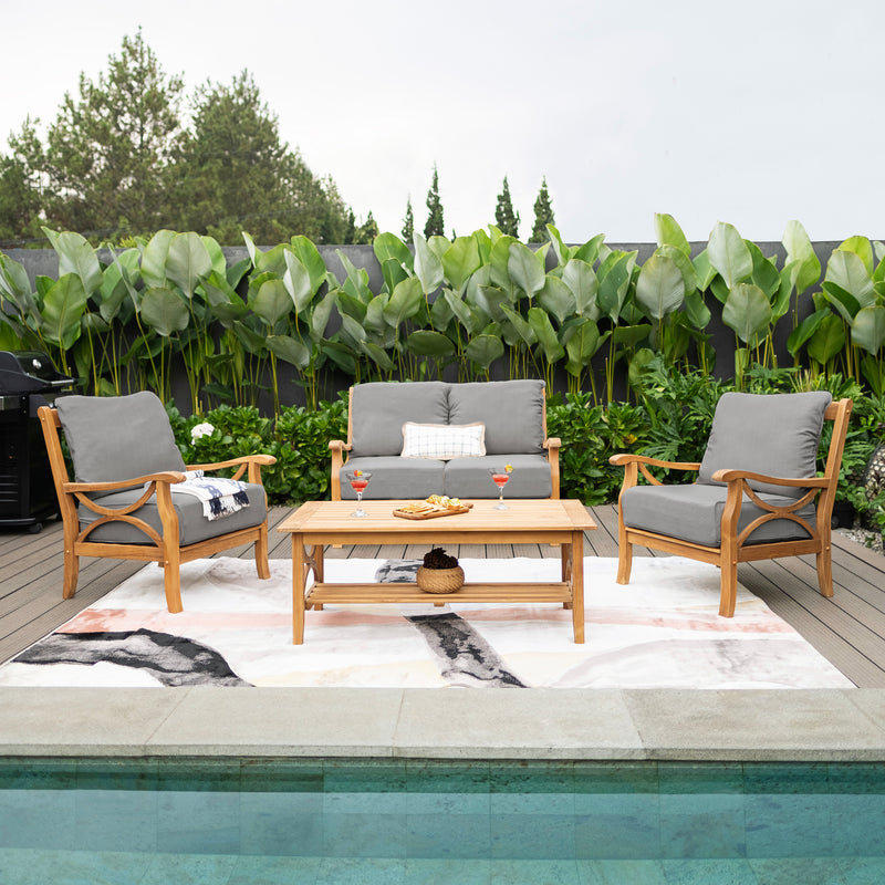 Abbington 4 Piece Teak Wood Patio Conversation Set with Gray Cushion