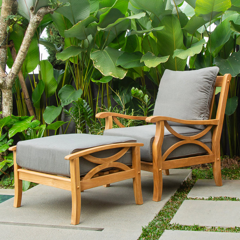 Abbington Teak Wood Outdoor Lounge Chair with Ottoman Gray Cushion