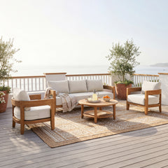 Harper Teak Wood Outdoor 4 Pieces Conversation Set with Ivory Cushion