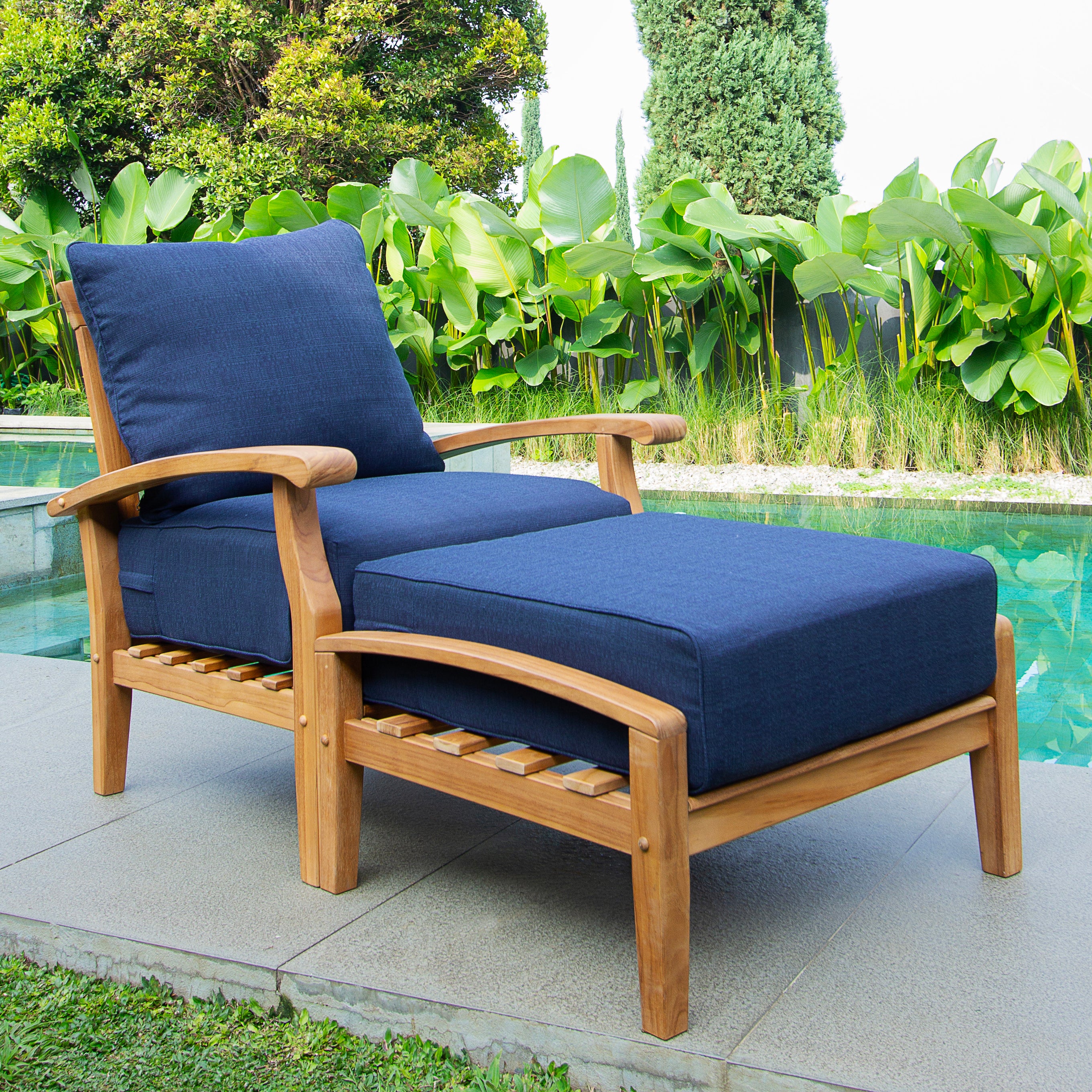 Caterina Teak Wood Outdoor Lounge Chair with Ottoman Navy Cushion