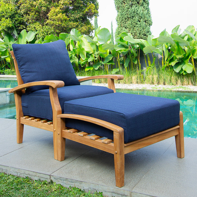 Caterina Teak Wood Outdoor Lounge Chair with Ottoman Navy Cushion
