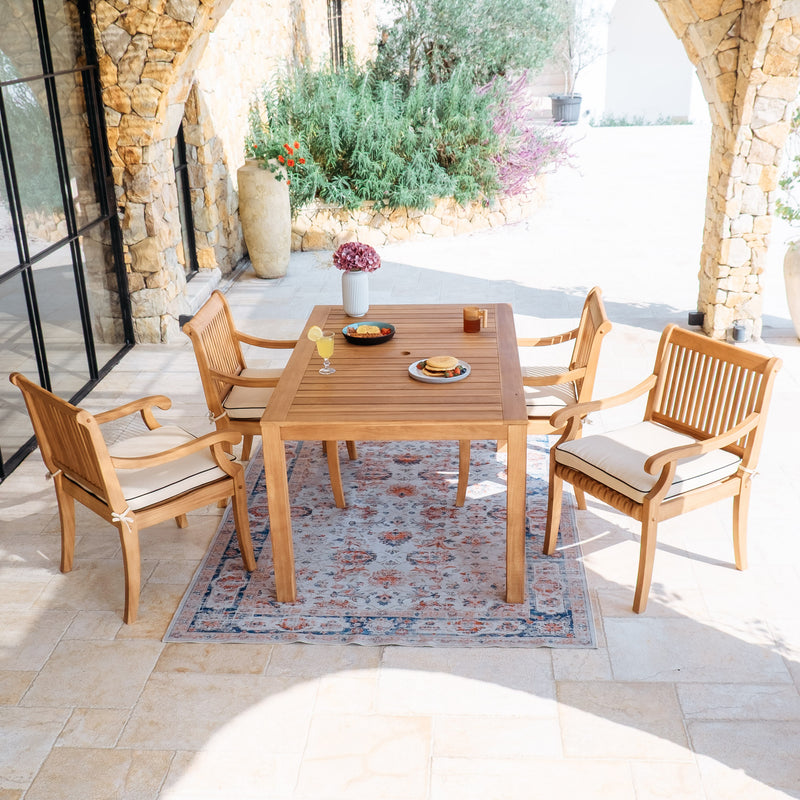Mosko Teak Wood 5 Pieces Outdoor Dining Set with Taupe Seatpad & Black Piping - Cambridge Casual
