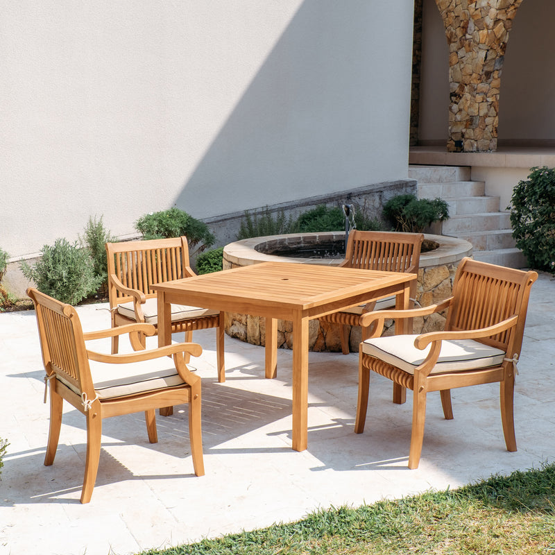 Mosko Teak Wood 5 Piece Outdoor Dining Set with Taupe Seatpad & Black Piping - Cambridge Casual