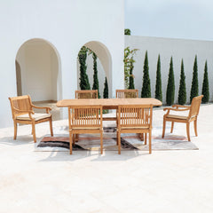 Mosko Teak Wood 7 Piece Outdoor Dining Set with Taupe Seatpad & Black Piping