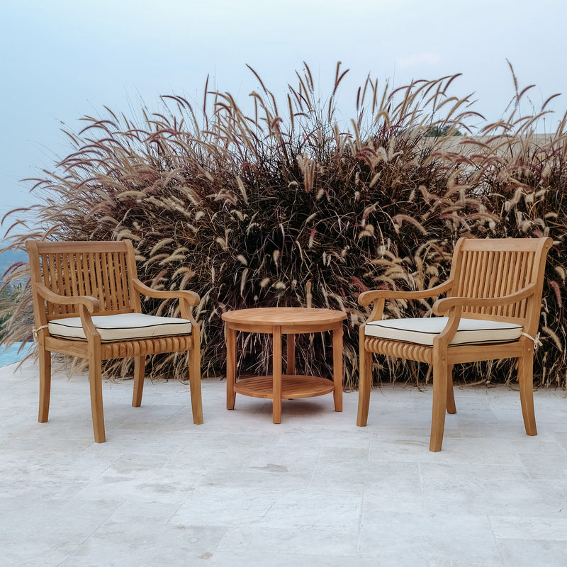 Mosko Teak Wood 3 Piece Outdoor Bistro Set with Taupe Seatpad & Black Piping - Cambridge Casual