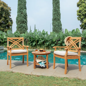 Carmel Teak Wood 3 Piece Outdoor Bistro Set with Tan Seatpad