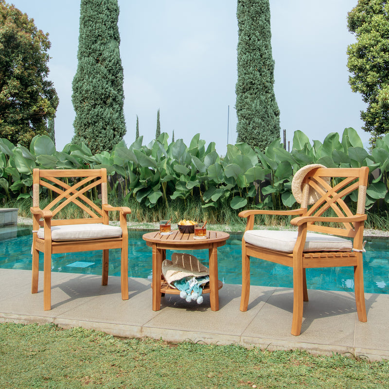 Carmel Teak Wood 3 Piece Outdoor Bistro Set with Tan Seatpad