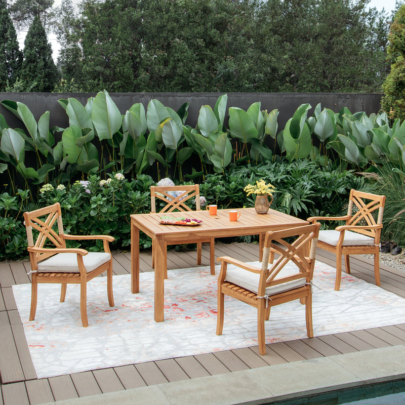 Carmel Teak Wood 5 Piece Outdoor Rectangular Dining Table with Tan Seatpad