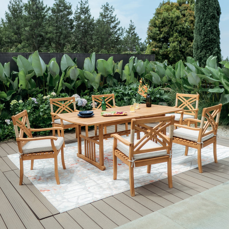 Carmel Teak Wood 7 Piece Outdoor Dining Set with Tan Seatpad