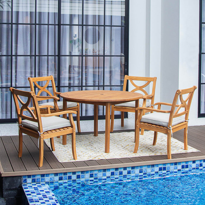 Abbington 5 Pieces Teak Wood Outdoor Dining Round Table with Beige Seatpad - Cambridge Casual