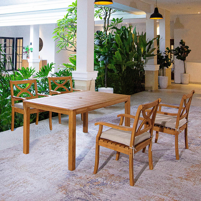 Abbington Teak Wood 5 Piece Outdoor Rectangular Dining Table with Beige Seatpad - Cambridge Casual