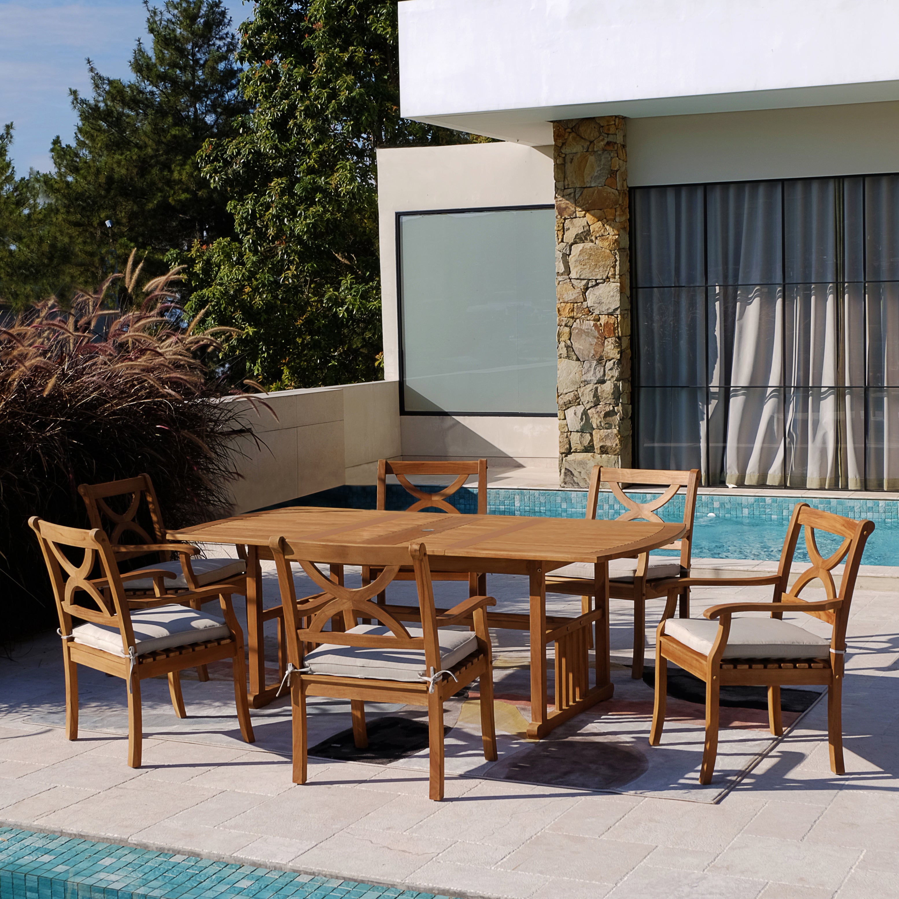 Abbington Teak Wood 7 Pieces Outdoor Dining Set with Beige Seatpad