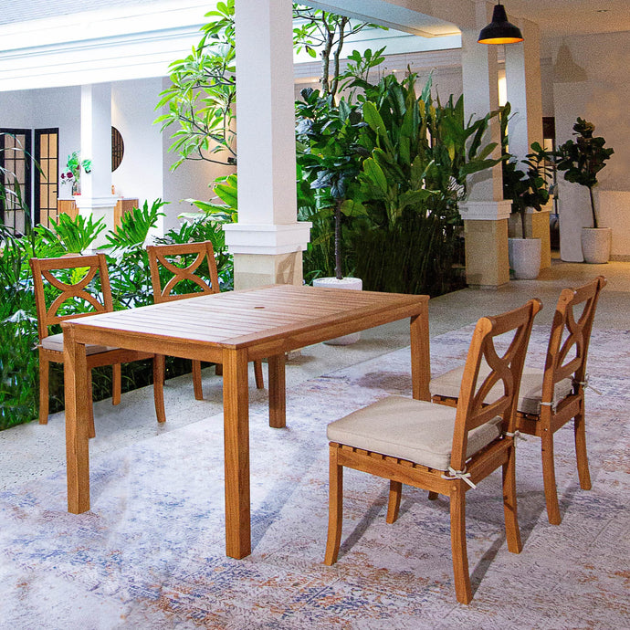Abbington Teak Wood 5 Pieces Outdoor Rectangular Dining Table with Beige Cushion - Cambridge Casual