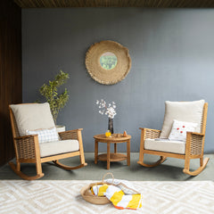 Chester Teak Wood 3 Pieces Patio Rocking Chair Set with Tan Cushion