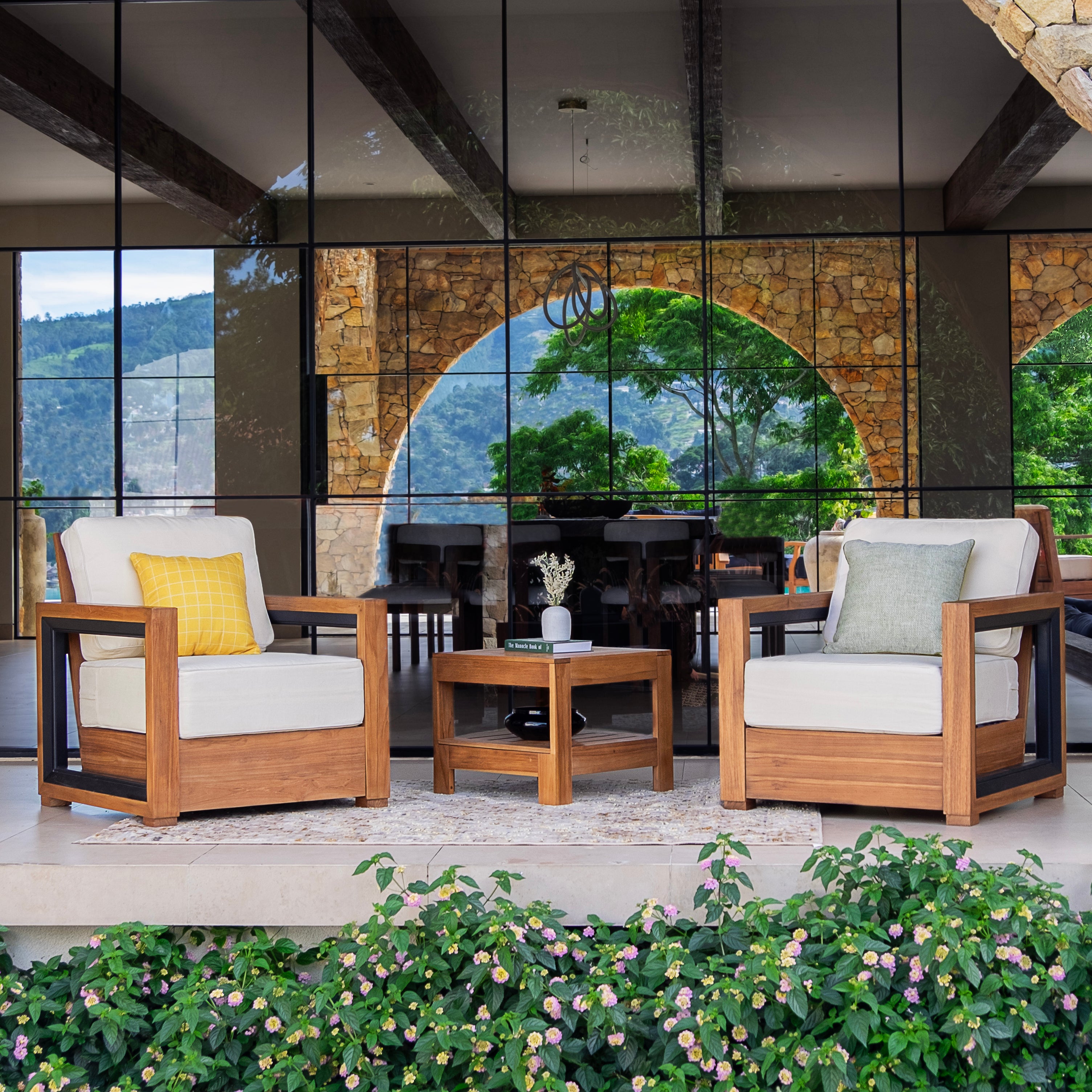 Hans Teak Wood 3 Pieces Patio Conversation Set with Ivory Cushion