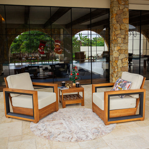 Hans Teak Wood 3 Pieces Patio Conversation Set with Ivory Cushion
