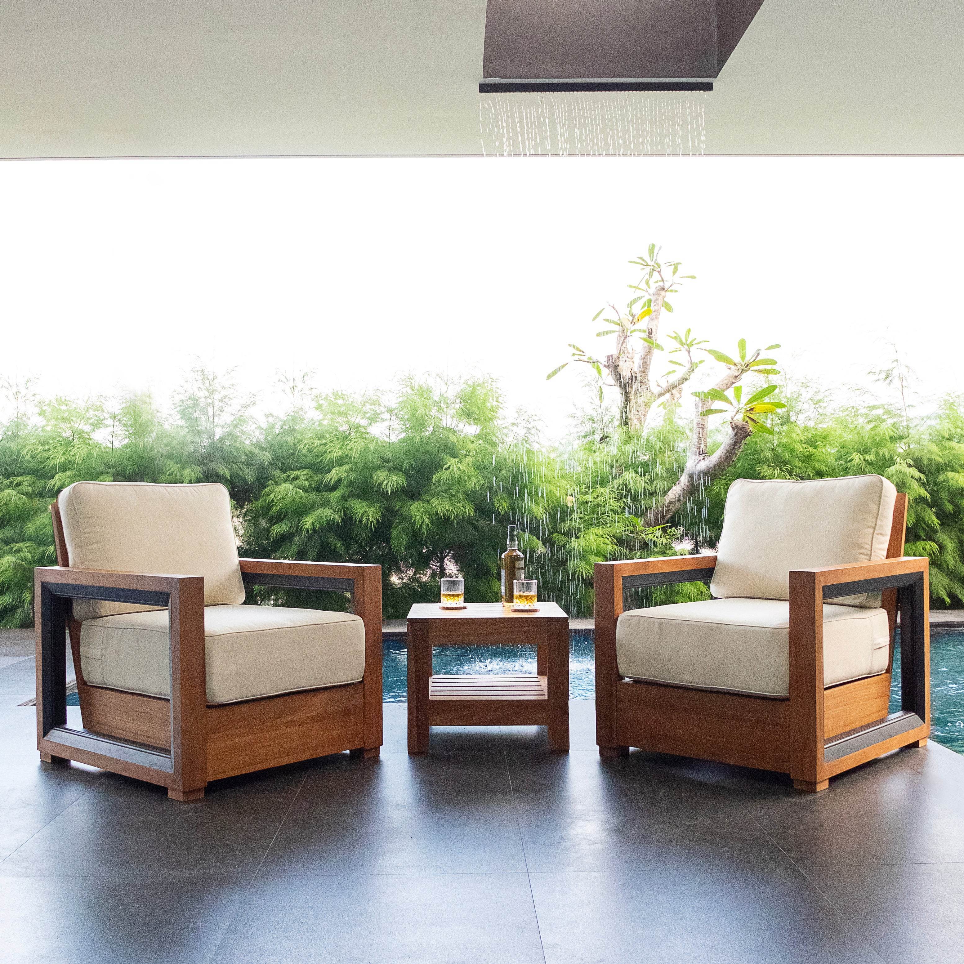 Hans Teak Wood 3 Pieces Patio Conversation Set with Ivory Cushion - Cambridge Casual