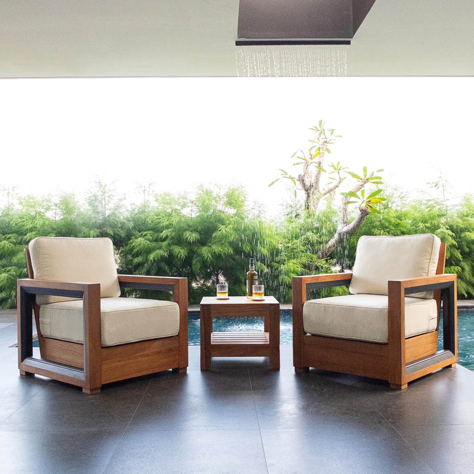 Hans Teak Wood 3 Pieces Patio Conversation Set with Ivory Cushion - Cambridge Casual