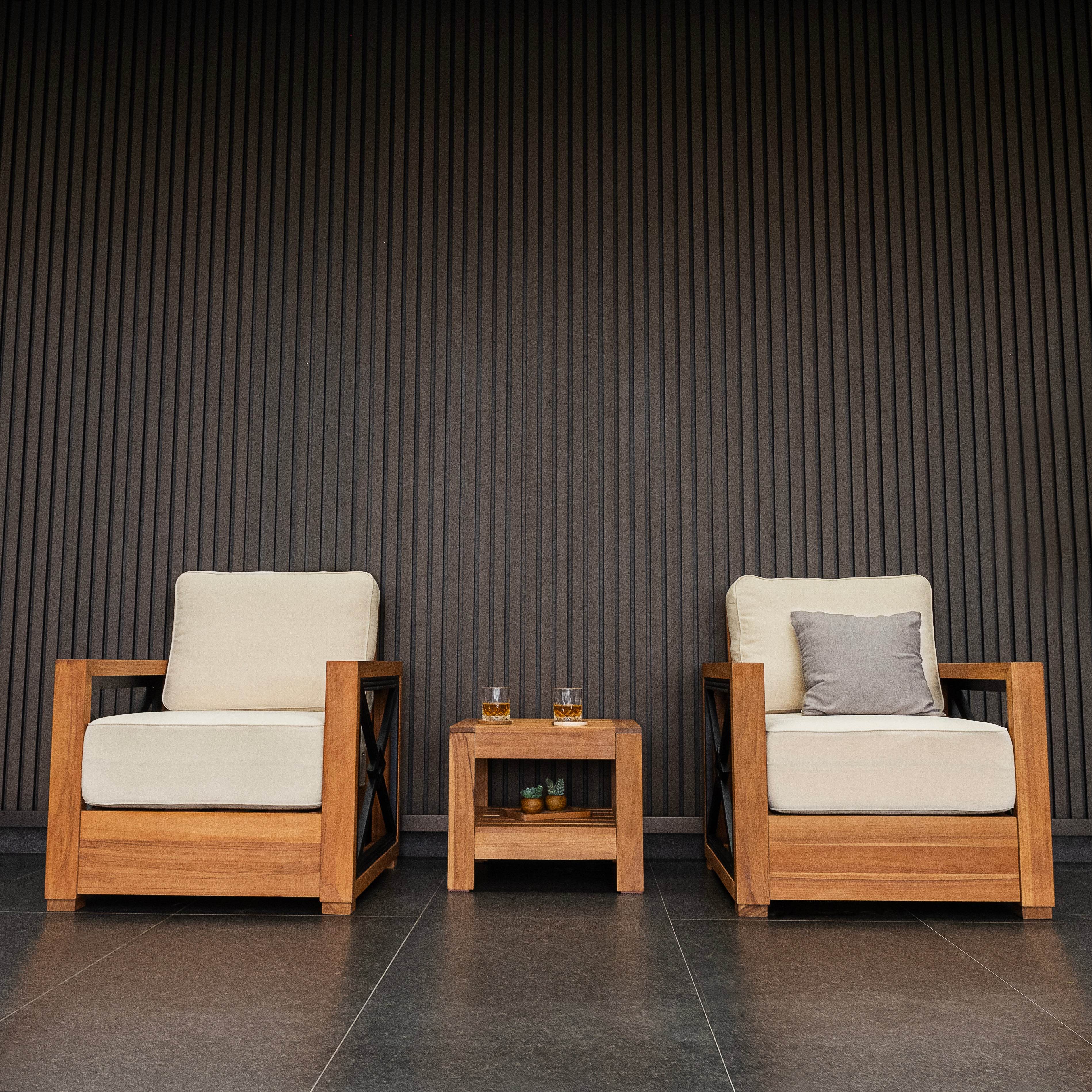 Provence Teak Wood 3 Pieces Patio Conversation Set with Ivory Cushion - Cambridge Casual