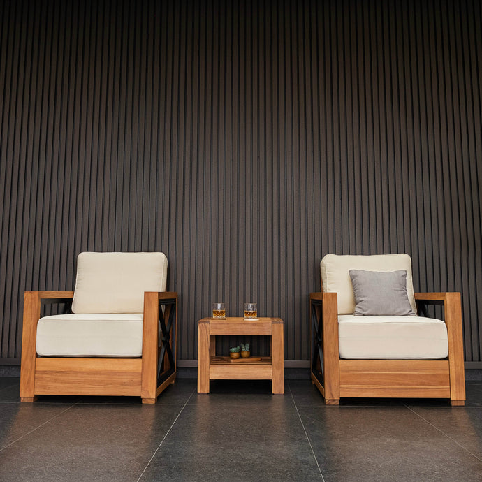 Provence Teak Wood 3 Pieces Patio Conversation Set with Ivory Cushion - Cambridge Casual