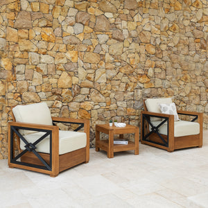 Provence Teak Wood 3 Pieces Patio Conversation Set with Ivory Cushion