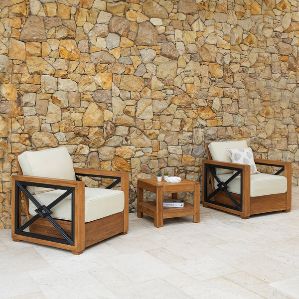 Provence Teak Wood 3 Pieces Patio Conversation Set with Ivory Cushion