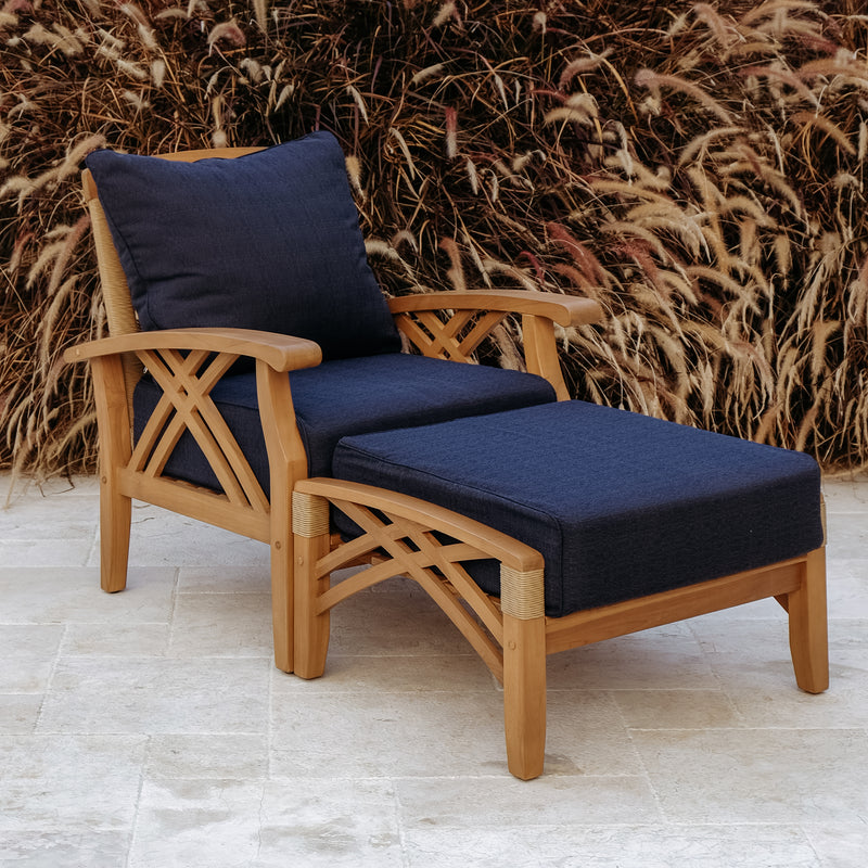 Carmel Teak Wood Outdoor Lounge Chair with Ottoman Navy Cushions